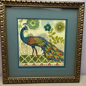 Framed Peacock Art with Gold Frame